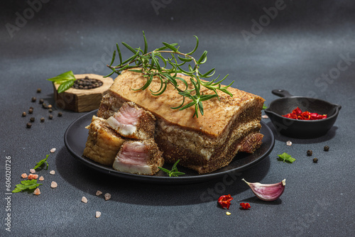Piece of salty high-fat meat cooked with spices Fototapeta