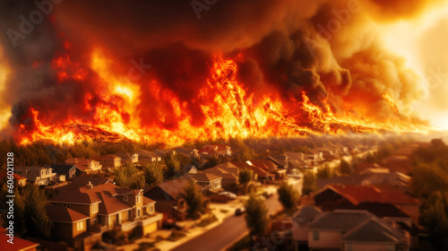 Under an ash-laden sky, a wild fire rages, its fury painting a stark tapestry of chaos. Billowing smoke and flames consume the neighborhood, Climate change Alert . Generative AI