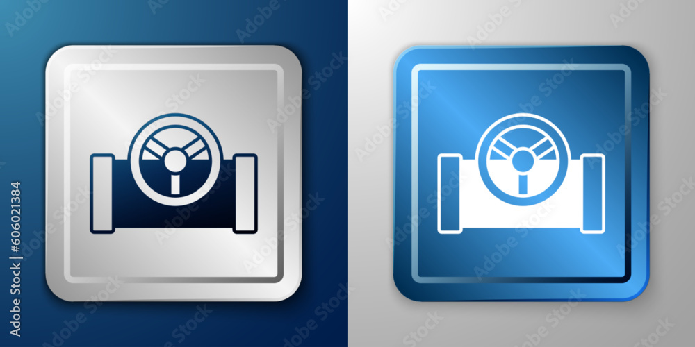 White Oil pipe with valve icon isolated on blue and grey background. Silver and blue square button. Vector White Oil pipe with valve icon isolated on blue and grey background. Silver and blue square button. Vector