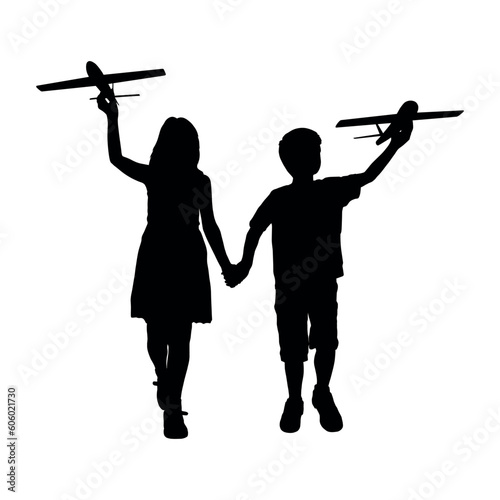 Boy and girl holding hands playing toy airplane together vector silhouette.