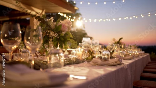 Festive table setting candles for wedding party and dinner. setting table row chair flower reception party.