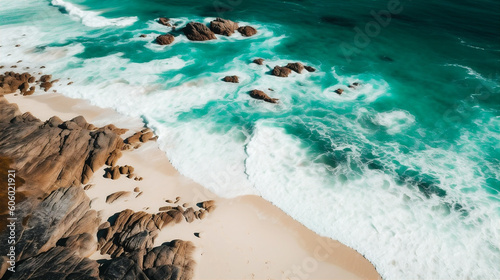 Areal view of ocean with white sand coast. AI generated.