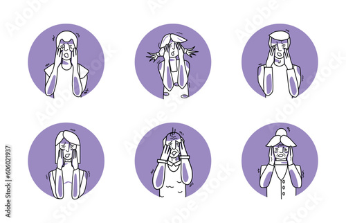 Circle icon set of people with fear emotion. Afraid boy and girl, man and woman, grandfather and grandmother. Sketched style facial expressions.