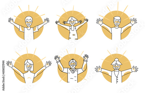 Emotion of happiness, people circle icons set. Happy boy and girl, man and woman, grandfather and grandmother. Glowing, open arms. Sketched style facial expressions.