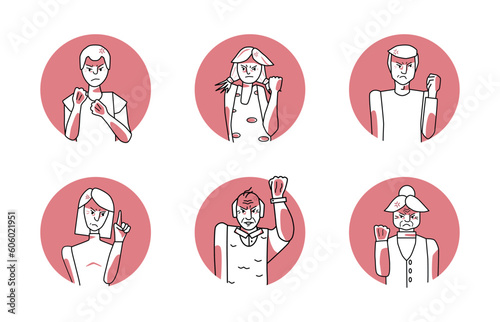 Set of anger emotion characters circle icons. Angry boy and girl, man and woman, grandfather and grandmother. Threaten with a fist. Sketched style facial expression.