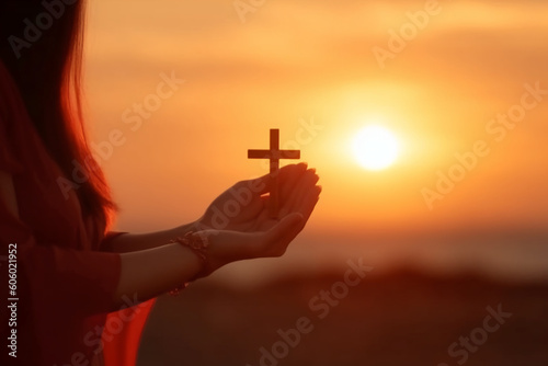 Christian religion and Resurrection concept. woman hands holding worship of cross, hope and faith. AI generative