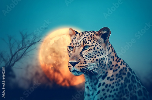 Leopard and savannah. The concept of protecting wildlife and green planet. post processed AI generated image.