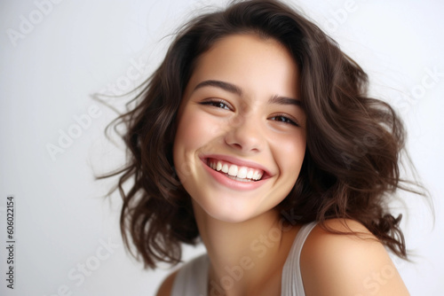 Portrait of Young Brunette Woman Smiling Cheerfully and white background © Abdelhak
