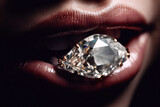 ring with gemstone diamond in woman's lips close-up. Generative AI