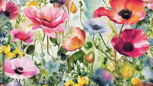 Elegant english country garden, watercolor, scrapbook paper, uplighted, white background, high contrast, beautiful colors. AI generative © SANGHYUN