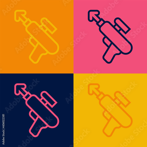 Pop art line Fishing harpoon icon isolated on color background. Fishery manufacturers for catching fish under water. Diving underwater equipment. Vector