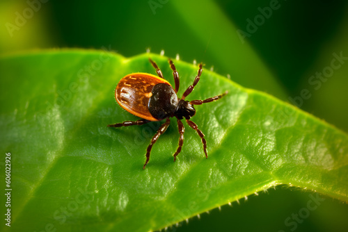 Crawling tick and green leaf Close-up of a parasitic insect that carries infection such as encephalitis and Lyme disease or ehrlichiosis. dark background generative ai © Aksana