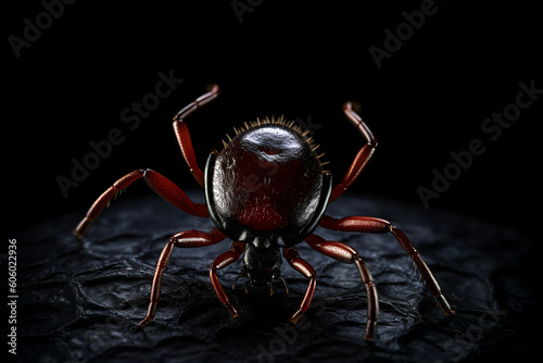 illustration Crawling tick and green leaf Close-up of a parasitic insect that carries infection such as encephalitis and Lyme disease or ehrlichiosis. dark background generative ai photo