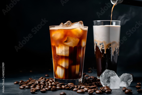 space for text summer drink cocktail Milk turns into iced coffee on a dark table cold coffee with milk on a dark background horizontal illustration generative ai