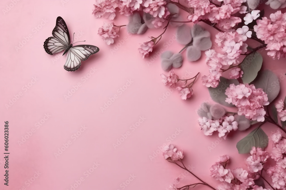 Flowers composition. flowers and eucalyptus leaves and butterfly on pastel purple background. AI generative