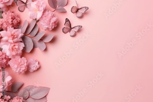 Flowers composition. flowers and eucalyptus leaves and butterfly on pastel purple background. AI generative