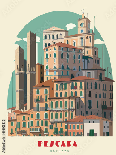 Pescara: Beautiful vintage-styled poster of with a city and the name Pescara in Abruzzo