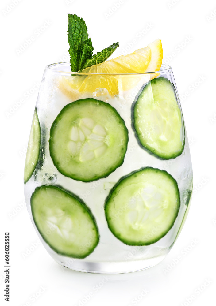 Cucumber, lemon, mint lemonade isolated on white background. Glass of cool water drink with cucumber, lemon and mint leaves. With clipping path.