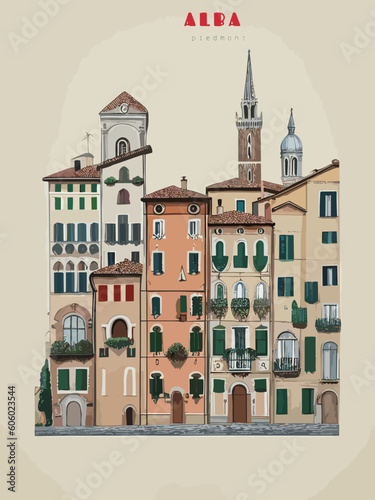 Alba: Beautiful vintage-styled poster of with a city and the name Alba in Piedmont