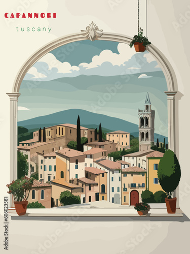 Capannori: Beautiful vintage-styled poster of with a city and the name Capannori in Tuscany
