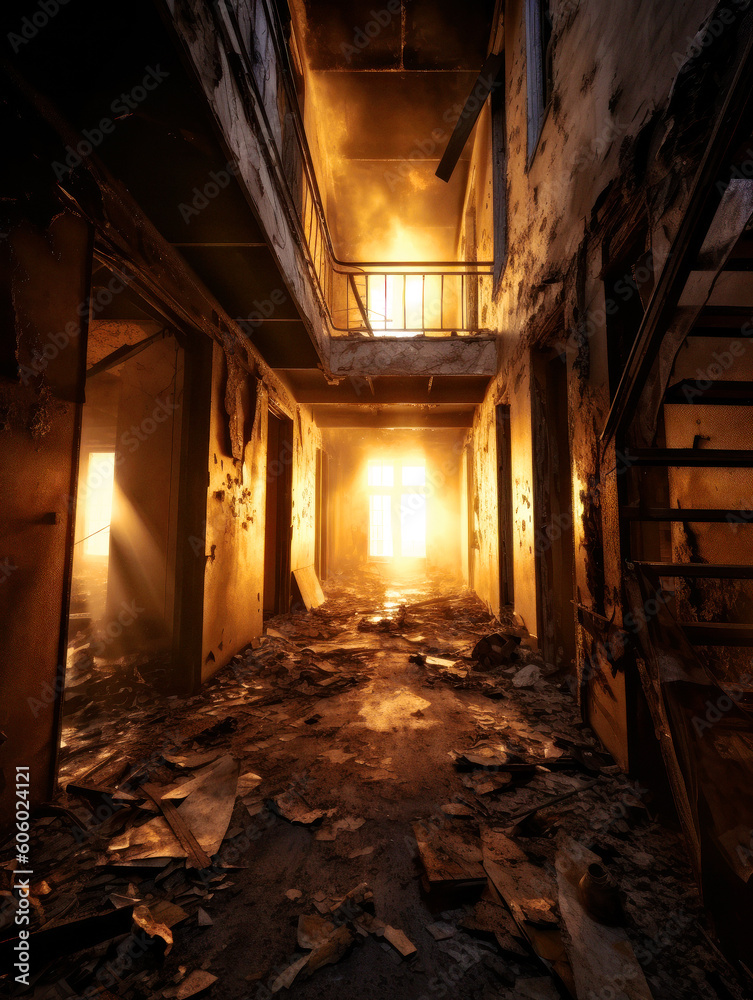 Echoes of war, an apartment building stands, gutted by fire. Its once lively interior is now but a charred shell, a haunting testament to devastation. total devastation of war. Generative AI