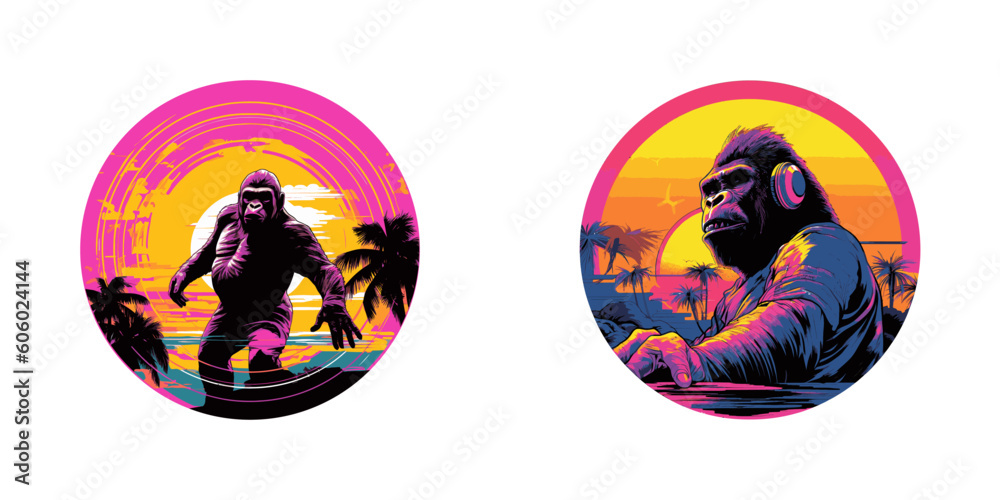 Gorilla dj at sunset with headphones. Vector illustration.