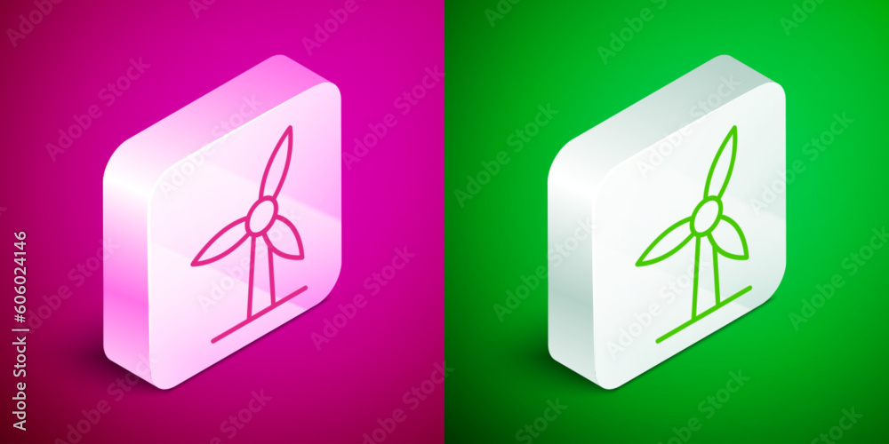 Isometric line Wind turbine icon isolated on pink and green background. Wind generator sign. Windmill for electric power production. Silver square button. Vector Isometric line Wind turbine icon isolated on pink and green background. Wind generator sign. Windmill for electric power production. Silver square button. Vector