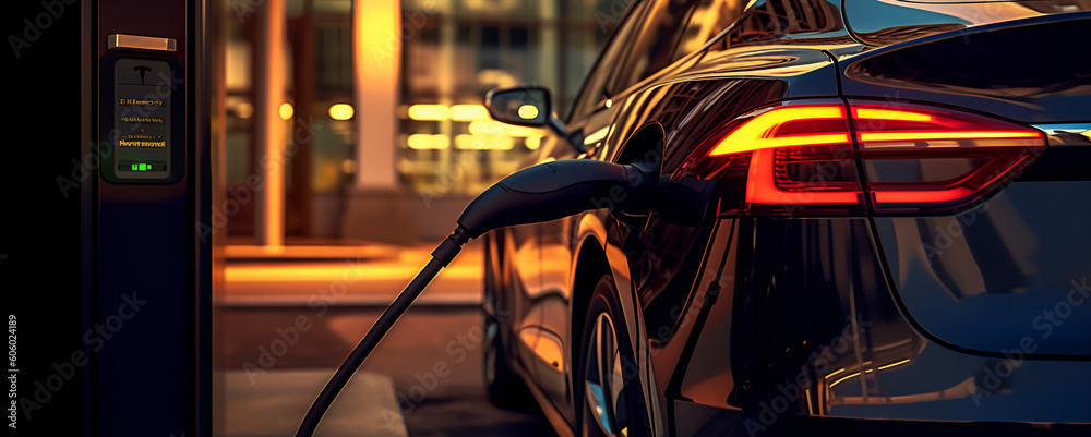 black Close up charging one electric car model future eco technology concept banner space for text copy space generative ai black Close up charging one electric car model future eco technology concept banner space for text copy space generative ai