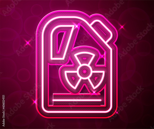 Glowing neon line Radioactive waste in barrel icon isolated on red background. Toxic refuse keg. Radioactive garbage emissions, environmental pollution. Vector