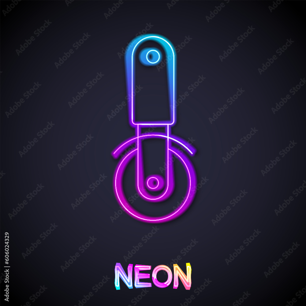 Glowing neon line Pizza knife icon isolated on black background. Pizza cutter sign. Steel kitchenware equipment. Vector Glowing neon line Pizza knife icon isolated on black background. Pizza cutter sign. Steel kitchenware equipment. Vector