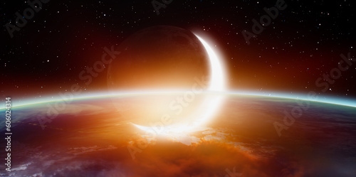 Fototapeta Naklejka Na Ścianę i Meble -  Planet Earth with spectacular sunset, crescent moon in the background 