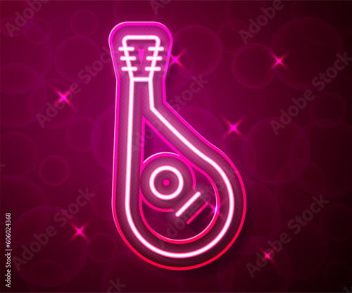 Glowing neon line Ukrainian traditional musical instrument bandura icon isolated on red background. Vector