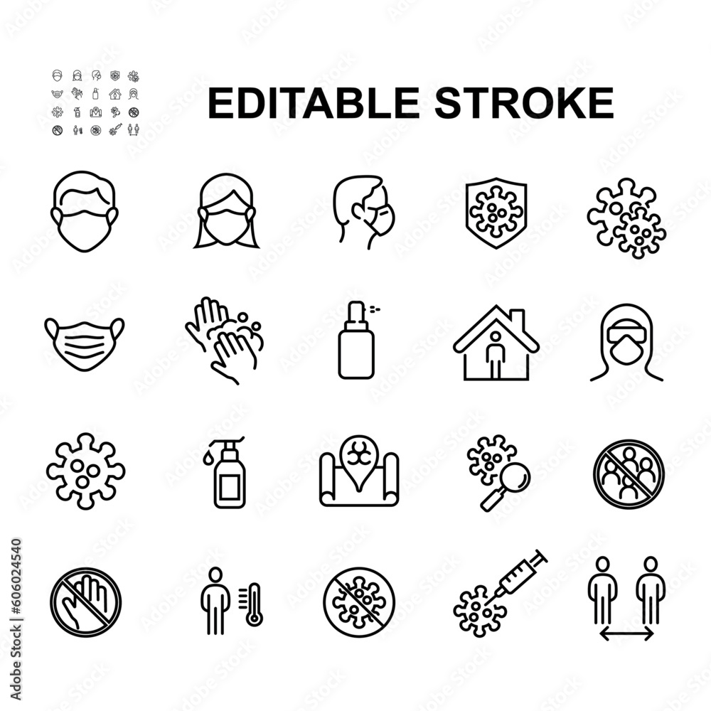 Fototapeta premium Simple Set of Coronavirus Safety Related Vector Line Icons. Contains such Icons as Washing Hands, Outbreak Map, Man and Woman Wearing Face Mask and more. Editable Stroke.