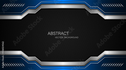 Abstract blue and silver polygons on dark steel mesh background. with free space for design. modern technology innovation concept background
