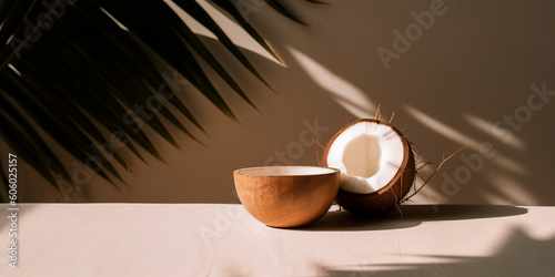Coconut fruit background.Empty beige room with coconut, tropical leaf.Summer concept .Vacation Template, mockup for covers, sale baner, cosmetic ads. Minimal product presentation scene. Generative ai