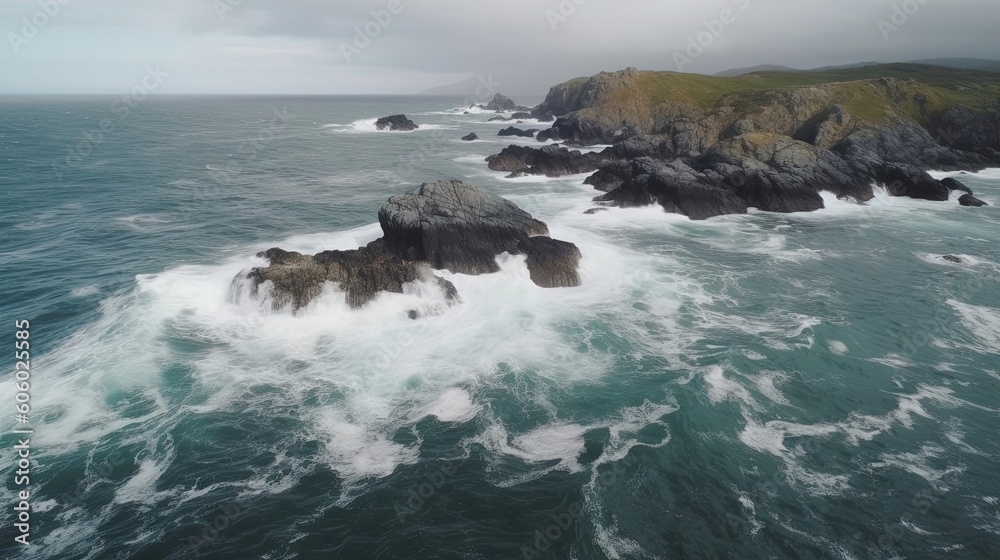 The mesmerizing drone footage captures the rugged beauty of a rocky coastline, where the relentless crashing waves relentlessly meet the shore. Generated by AI.
