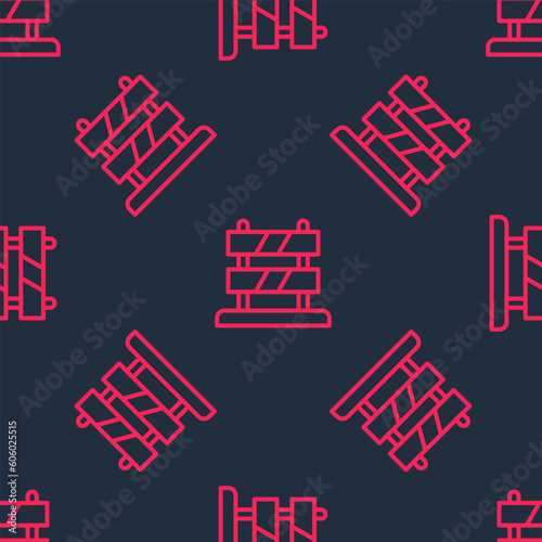 Red line End of railway tracks icon isolated seamless pattern on black background. Stop sign. Railroad buffer end to destination. Vector