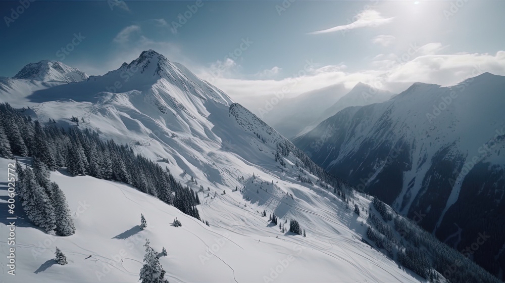Witness the breathtaking beauty of the Swiss Alps in winter through stunning drone footage, as the sun-kissed snow peaks. Generated by AI.