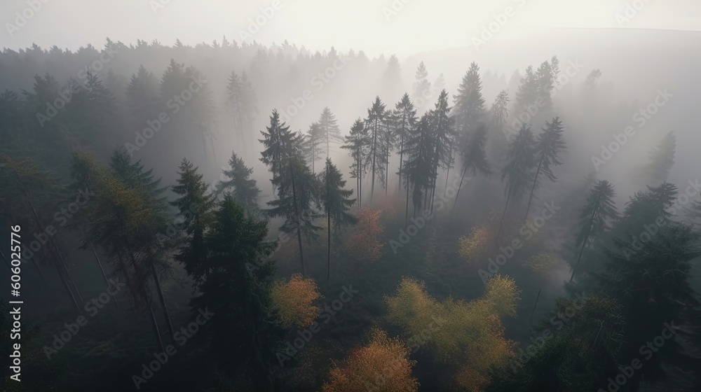 Immerse yourself in the enchanting beauty of a serene forest captured by mesmerizing drone footage. Generated by AI.