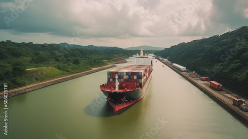 Dive into the fascinating world of maritime transportation as drone footage captures a cargo ship gracefully navigating.. Generated by AI. photo