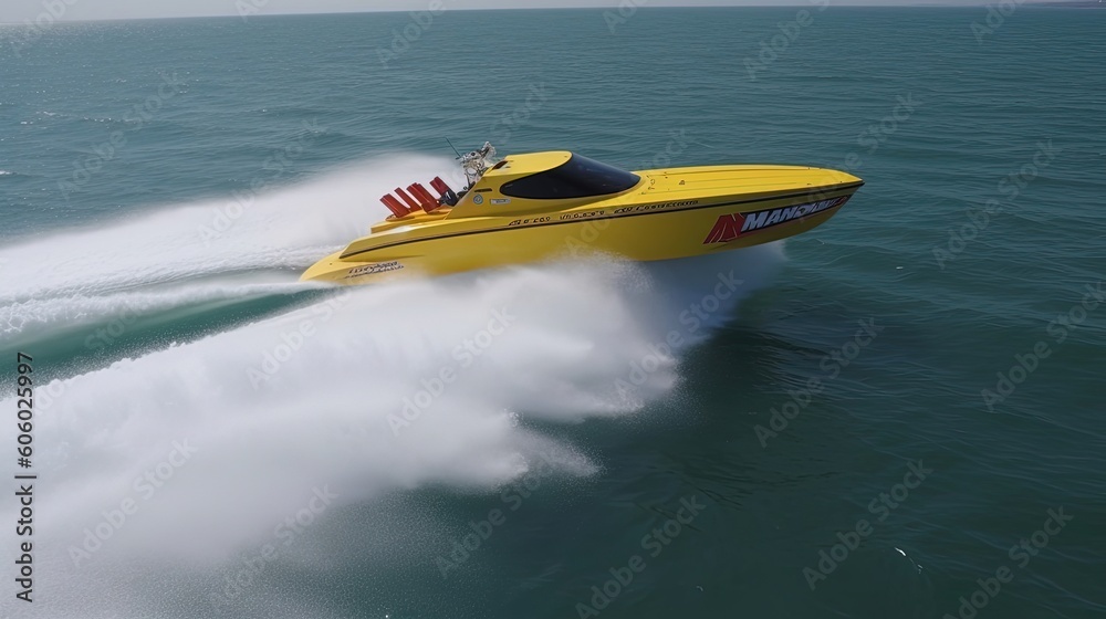 Fototapeta premium Immerse yourself in the heart-pounding excitement of a world record-breaking speedboat race. Generated by AI.