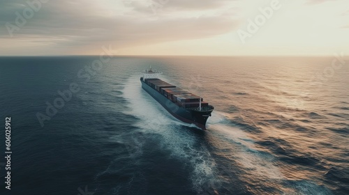 Explore the immense scale of international trade as you observe a cargo ship gracefully crossing the ocean, documented through stunning footage. Generated by AI.
