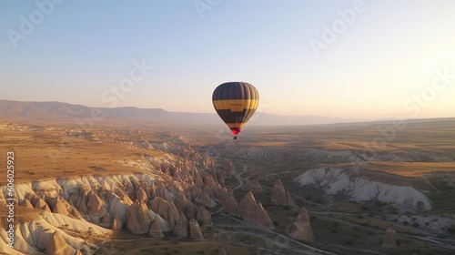 Embark on a breathtaking hot air balloon ride over the enchanting landscapes of Cappadocia, Turkey. Generated by AI.