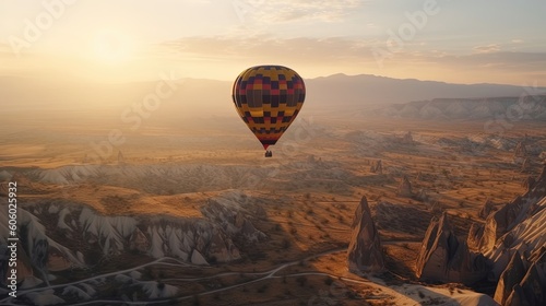 Unleash your sense of wonder during a remarkable hot air balloon ride over the magnificent landscapes of Cappadocia, Turkey. Generated by AI.