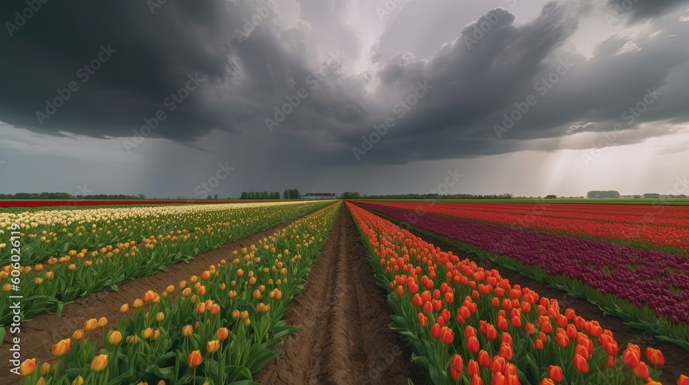 Step into a world of floral enchantment as you explore the stunning tulip fields of the Netherlands. Generated by AI.