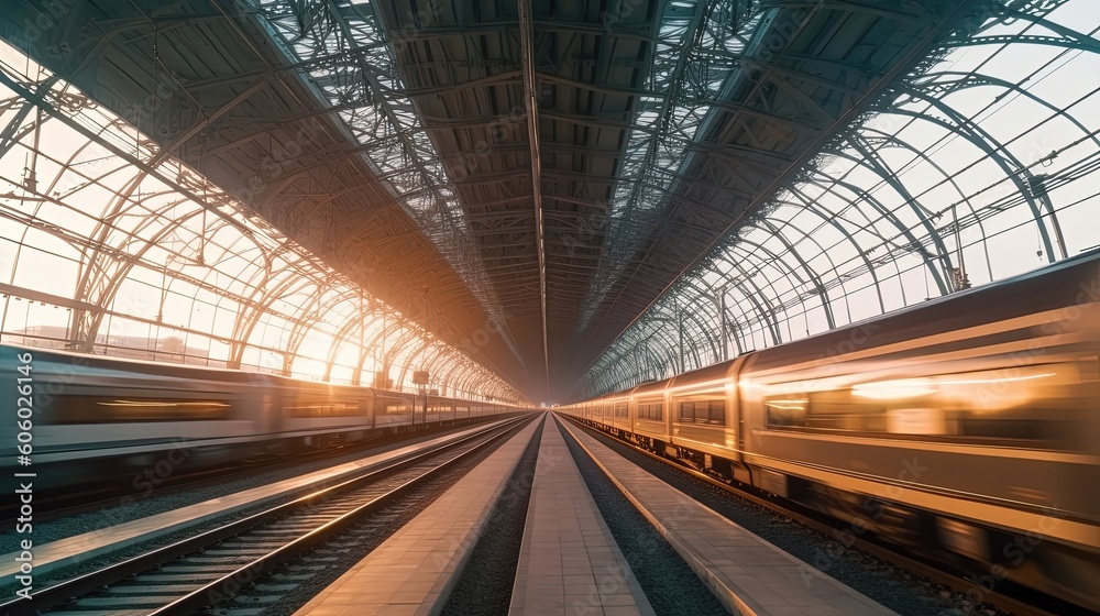 Obraz premium At the high-speed train station during the bustling rush hour, a symphony of movement unfolds as passengers navigate through the crowd. Generated by AI.