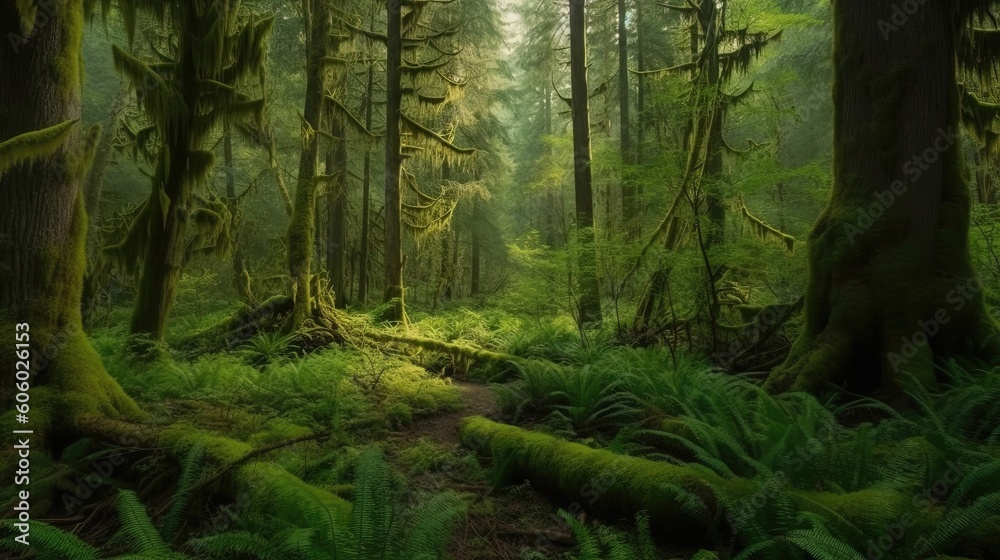 In the heart of the Pacific Northwest, an enchanting and verdant green forest sprawls, showcasing a rich tapestry of diverse plant life. Generated by AI.