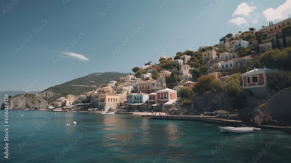 Nestled along the azure Mediterranean Sea, a picturesque coastal town in Greece charms with its whitewashed buildings. Generated by AI.