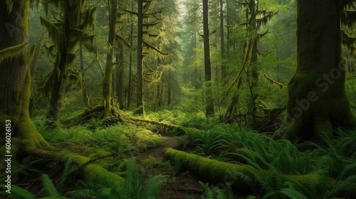 In the heart of the Pacific Northwest, an enchanting and verdant green forest sprawls, showcasing a rich tapestry of diverse plant life. Generated by AI.