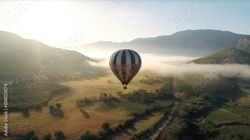 A whimsical hot air balloon glides silently above a lush valley, capturing the imagination with its vibrant colors and gentle movement. Generated by AI.